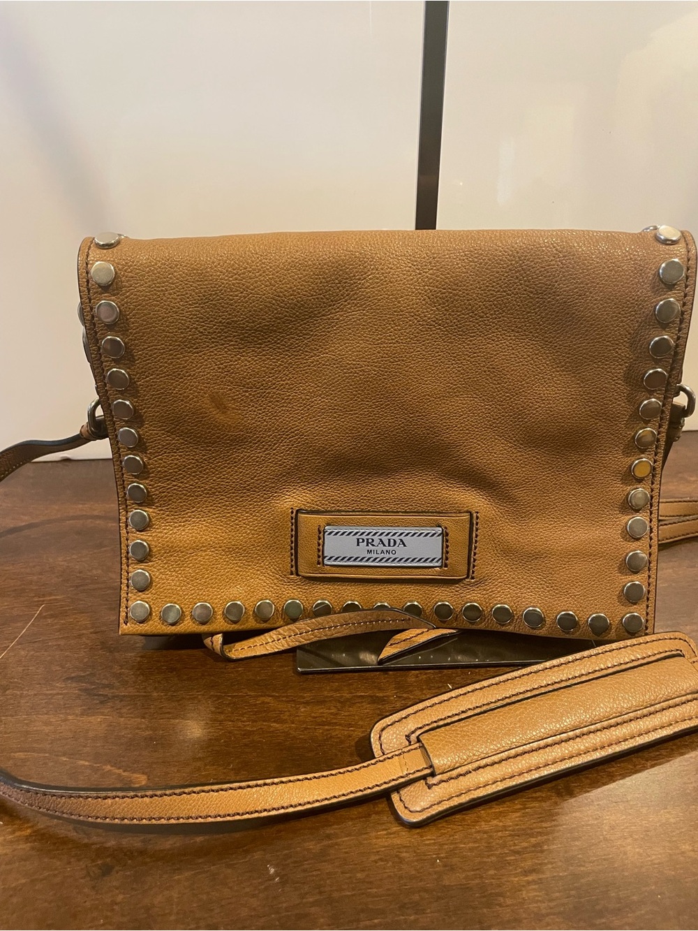 Prada Tan Studded Leather Shoulder Bag